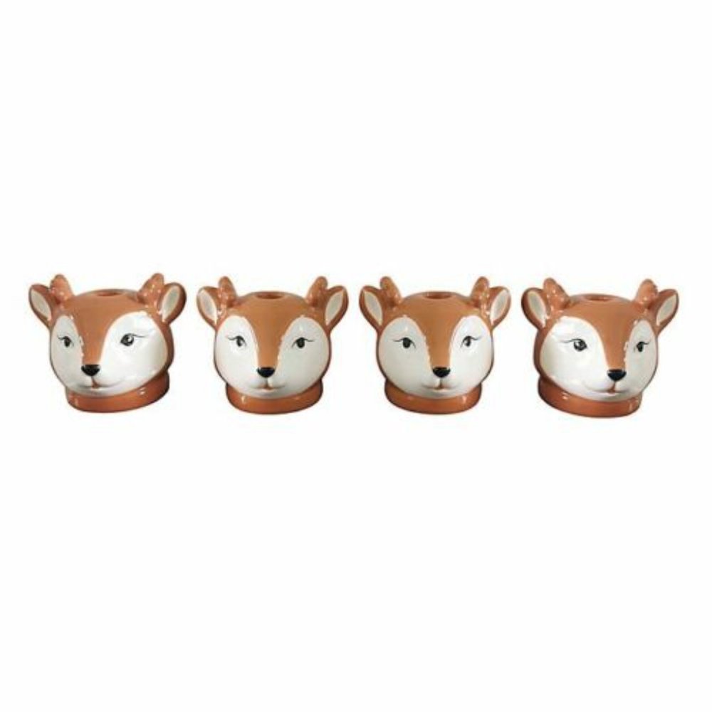 NEW H for Happy Reindeer Stoneware Taper Candle Holders (Set of 4) - Boxed